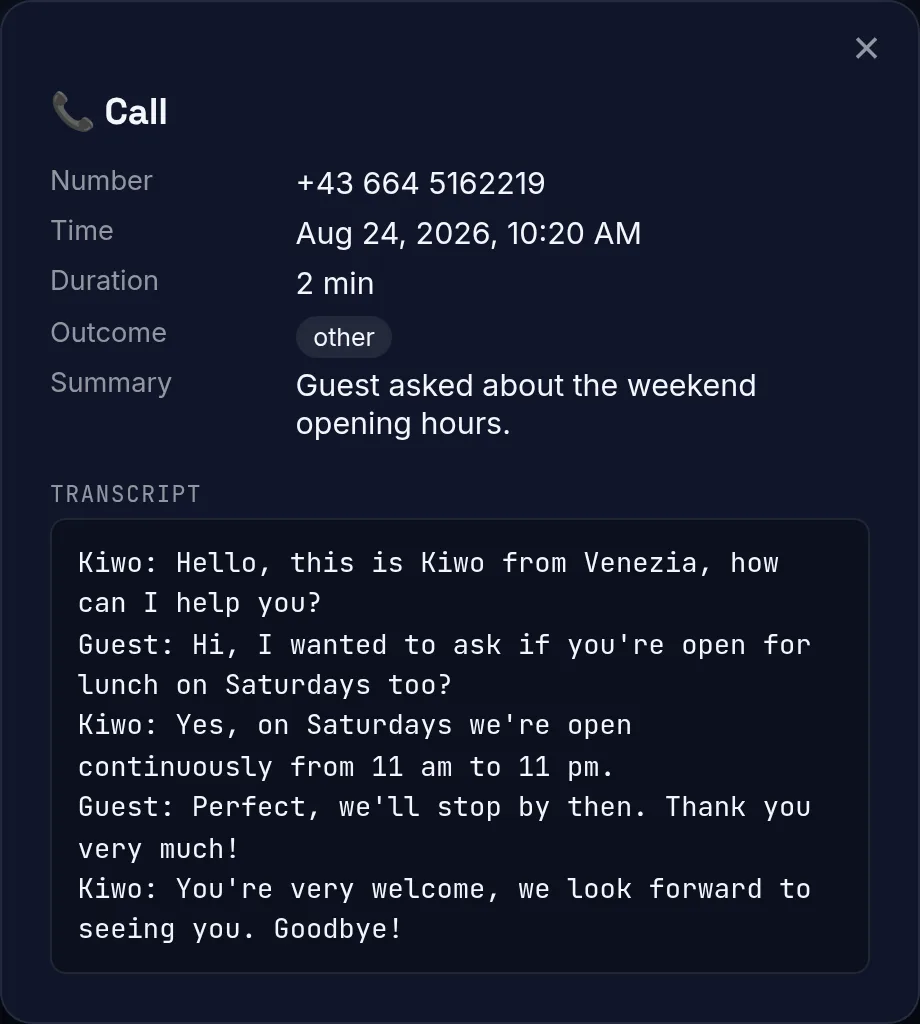 Call detail with transcript, real screenshot