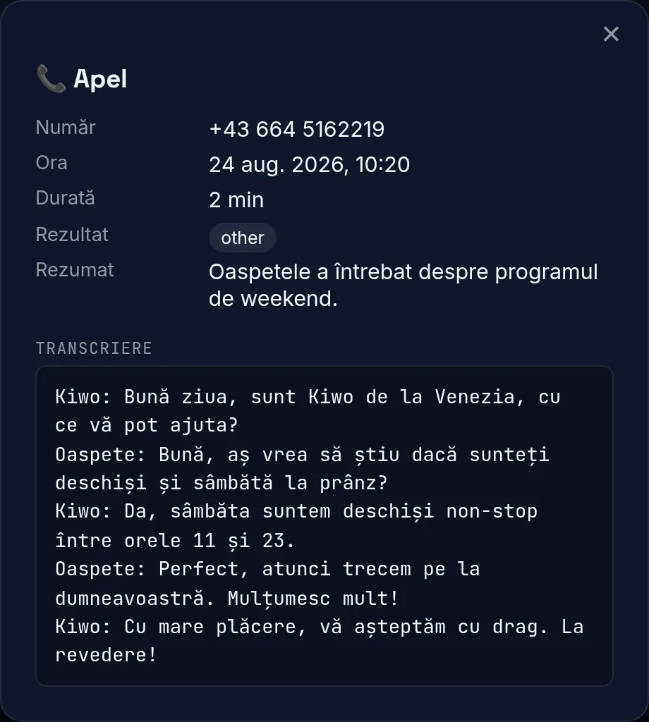 Detaliu apel cu transcriere, captură reală de ecran